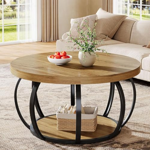 Tribesigns Runde Couchtisch, Industrial 2-Tier-Kreis Couchtisch mit Lagerung Regale, Moderne hölzerne Akzent Mitte Tisch Sofa Beistelltisch für Wohnzimmer, Home Office