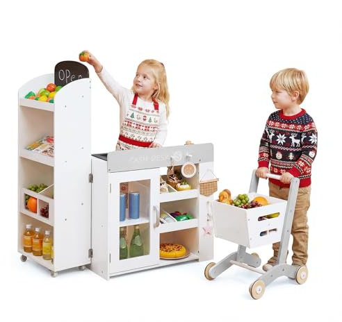 Costzon Kids Grocery Store Playset, Convertible Wooden Play Store w/Shopping Cart, Scanner, Chalkboard & Checkout Belt, Toddler Pretend Supermarket Checkout Stand for Boys & Girls