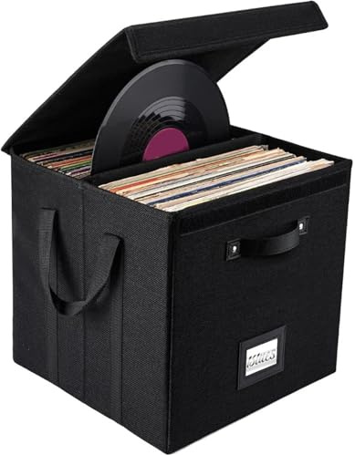 WAJJWI Vinyl Record Storage Box for LP Albums 13 Inch Linen Fabric Case with Sturdy Cardboard Base and Modular Design para Discos