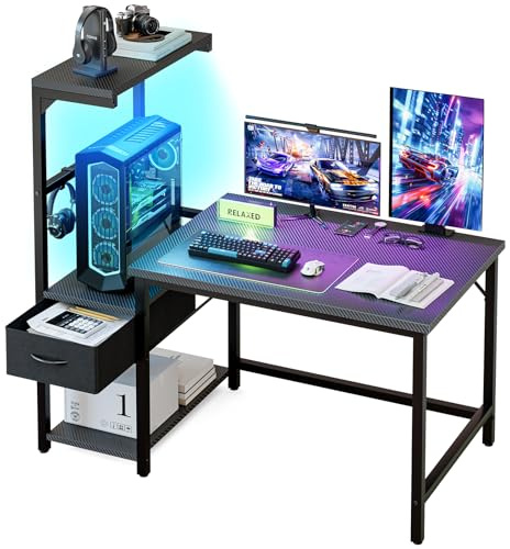 Grandder Gaming Desk 41 Inch with CPU Stand and LED Light, Computer Desk with Reversible Shelves and Storage Drawer, Pc Small Desk for Home Office Table with Bag, Carbon Fiber Black