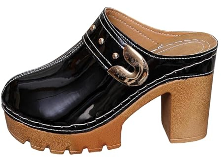 Damtofflor med klack, tofflor & sandaletter för kvinnor blockklack pantolett fram stängda sandaler platå bekväma tofflor sandaler eleganta pumps retro höga klackar båge stöd klackskor, svart, 40 EU