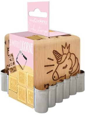 ScrapCooking - Timbro per pasticceria in legno, motivo unicorno, con 1 taglierino per biscotti e cubo, decorazione con 5 facce incise in rilievo, decorazione