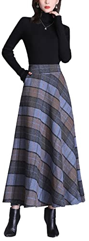 Moviendress Jupe Hiver Femme Longue Plissée Laine Taille Haute A-Ligne Vintage Carreaux Jupes (L,Color 4)