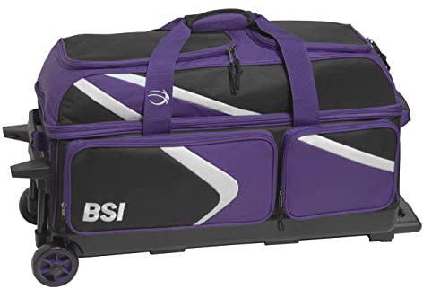 BSI Dash Bowlingtasche mit 3 Rollen und leichtgängigen Rollen, gepolstertem Ballfach, einziehbarem Verriegelungsgriff und Schuhtasche, Schwarz/Violett/Weiß