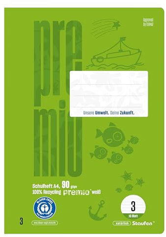 Staufen premio Schulheft - 4 Hefte je 16 Blatt, DIN A4, Lineatur 3 (14 Doppellinien), 90 g/m² Recyclingpapier, runde Ecken verhindern „Eselsohren“