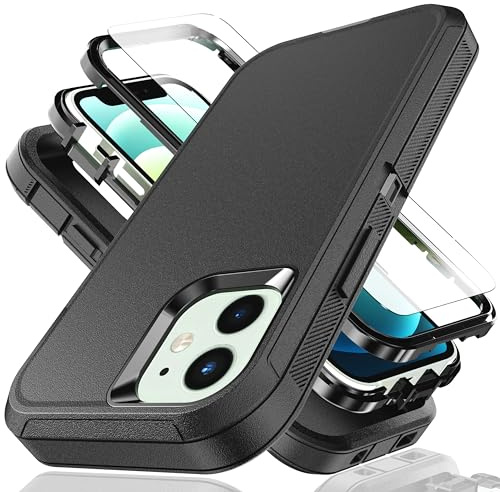 YmhxcY for iPhone 13 mini Case iPhone 12 mini Case 5.4-Inch with Explosion-Proof Screen Protector,3 in 1 Shockproof TPU Hard PC Bumper Drop-Proof Shell for iPhone 13 mini/iPhone 12 mini-Black