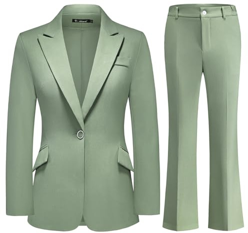 TRONSTORE Damen Anzug 2-teiliges Set Nadelstreifen-Blazer und Bootcut Dressy Pants Set für Arbeit Büro Business Outfits, Grün, Groß