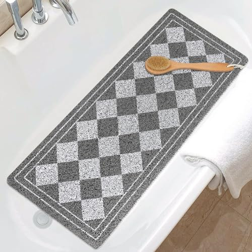 Shower Mat Non Slip, 40x100cm Extra Long Bath Tub Mat Non Slip Anti Mould, Loofah Bathroom Floor Mat for Inside Shower, Soft Textured Foot Massage Scrubber Mat for Elderly with Drain, Quick Dry