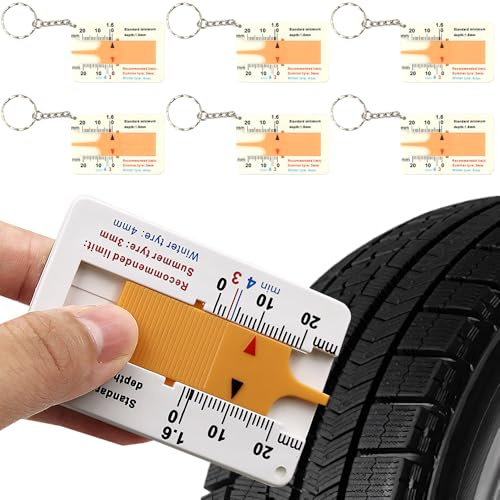 Lot de 6 jauges de profondeur de pneu de 0 à 20 mm en plastique - Jauge de profondeur de pneu portable - Jauge de profondeur de pneu pour camion, caravane, remorque, voiture, moto - Avec clé