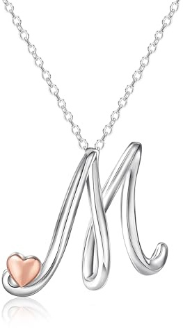Mesovor Collier avec Initiale en Argent pour Femme, Bijoux Plaqués Argent Sterling | Collier avec Pendentif Classique avec Lettre et Nom et Cœur en Or Rose, Chaîne de 20 Pouces (Lettre-M)
