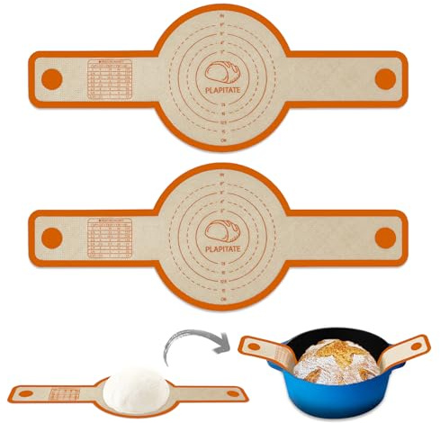 PLAPITATE Silicone Bread Sling for Dutch Oven Liner, Non Stick 2 PCS, Easy Clean Reusable Silicone Baking Mat with Long Handles, Easy to Transfer Sourdough Bread, Orange