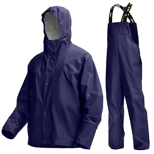 Men's Waterproof Workwear 3-Piece PU PRO Rain Suit | Jacket & Bib Trousers Set, Taped Seams, Storm Flap, Adjustable Hood, Windproof, Fishing Construction Outdoor Work