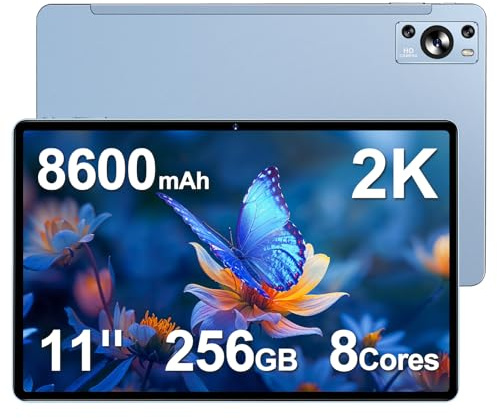 Dghrti Tablette Android, Écran 2K 11, 256 Go ROM, 8600 mAh - Bleu | Octa-Core 2.0GHz, WiFi 5G, BT5.0, Widevine L1, Face ID, GPS, caméra 5+13MP, extensible 1To. Coque métallique et case inclus.