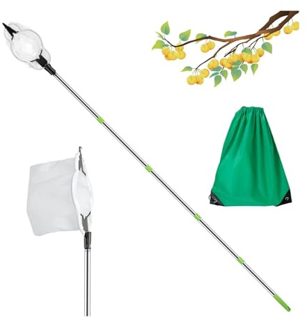 RRYPBOVG Pinza Telescopica Raccoglitore di Frutta da 1,6/2 m, Regolabile in Acciaio Inossidabile, Antiscivolo, con Borsa portaoggetti(1.6M)