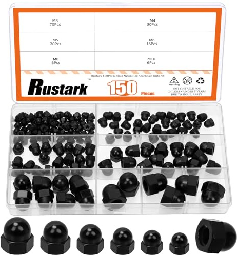 Rustark 150Pcs 6 Sizes Acorn Nuts Assortment Kit Metric Hex Acorn Cap Nuts Nylon Hex Nut Crown Cap Nut Black Dome Head Bolt Cover Caps for Furniture Automotive Indoor Outdoor