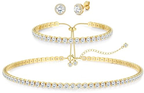 Diamday Conjunto de Joyas Hipoalergénico Para Mujer Collar Tenis Pendientes y Pulsera Con Poste de Plata Esterlina 925 Ideal Para Boda Damas de Honor Fiesta Accesorios de Vestir