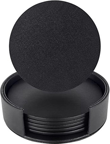 lovemona Untersetzer für Getränke mit Halter, schwarzes rundes Untersetzer-Set, PU-Leder, Tassenuntersetzer für Kaffee, Bier, Tee, Becher, Wein, Kneipe, Getränkeuntersetzer, 6er-Set