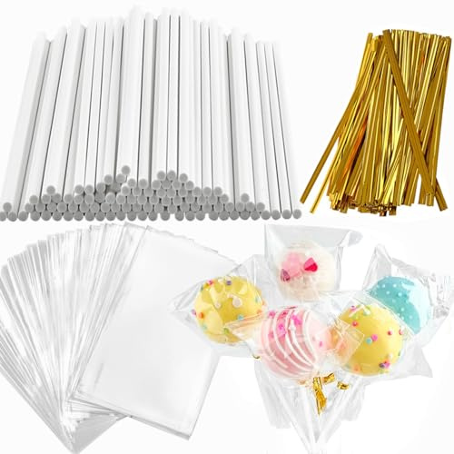 360 Stück Cake Pop Sticks und Wrappers Krawatten-Set, inklusive 120 ct 15,2 cm Papier-Lutscherstäbchen, 120 Karat Cake-Pop-Paketbeutel, 120 Karat Gold Twist Tie für Süßigkeitenherstellung,