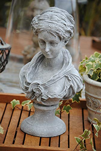 Schöne Dame Büste Frau Figur Skulptur Shabby-Style Kunstharz Grau H36 Garten Deko