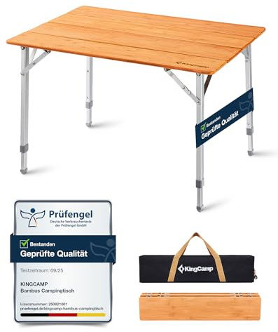 KingCamp Table de Camping en Bambou 65x50 cm​ - Table Pliante, Hauteur réglable (45/52 / 65 cm), pour 2-4 Personnes, Pliage 4 Fois, Charge maximale de 80 kg