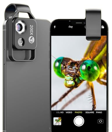 Yunseity Microscope de téléphone 200X, microphone de poche, fixation d'objectif d'appareil photo avec clip universel, objectif CPL intégré, pour smartphones Android 99 % (noir)
