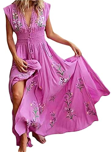 Onsoyours Kleider Damen Sommer Lang V-Ausschnitt Wickelkleider Kurzarm Langarm Blumen Rüschen Maxikleider Strandkleider Mit Gürtel 04 Rose Rot 46