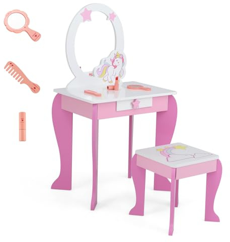 LIFEZEAL Set Toeletta di Unicorno per Bambini con Sgabello e Specchio Rimovibili in Stile Principessa, Tavolo Cosmetico per Ragazzi in Legno, Tavolo da Trucco per Camera da Letto (rosso)