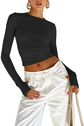 Top de Camiseta Corta de Manga Larga básica de Manga Larga para Mujer Y2K Tops TikTok Crop Top Club Party E-Girls Streetwear(Black-b, S)