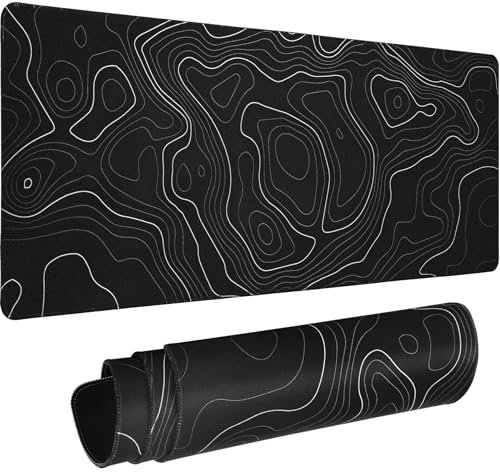 HAUTOCO Topographic Contour Large Gaming Mouse Pad, 800 x 300 x 3MM Big Mousepad Desk Pad with Non-Slip Base and Stitched Edge, Minimalist Computer Keyboard Mouse Mat for Office Work, Black