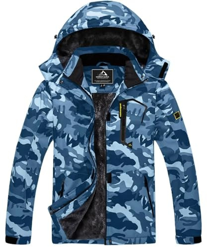 Ornrjfll Winter Fleece Lined Jacket Men's Fleece Lining Coats Warm Jacket Hiking Walking Jacket Outdoor Windbreaker Sea Blue Camo XL