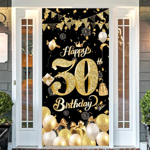 POPOYU 30. Geburtstag Deko,Großer Stoff 30. Geburtstagsfeier Dekorationen,Schwarzes Gold 30. Geburtstag Banner Hintergrund Fotohintergrund Poster