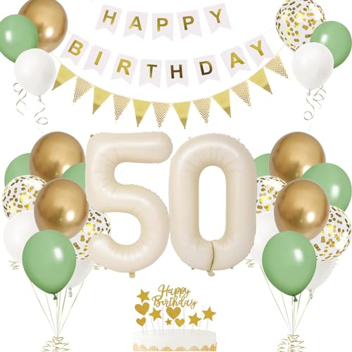 50. Geburtstag Deko Beige, Luftballon 50. Geburtstags, Geburtstagsdeko 50 Jahr, Mädchen 50 jahre Geburtstags Deko-Set, Zahl 50 Luftballons Tortendeko Grün Weiß Gold Ballons für Geburtstag Party Deko