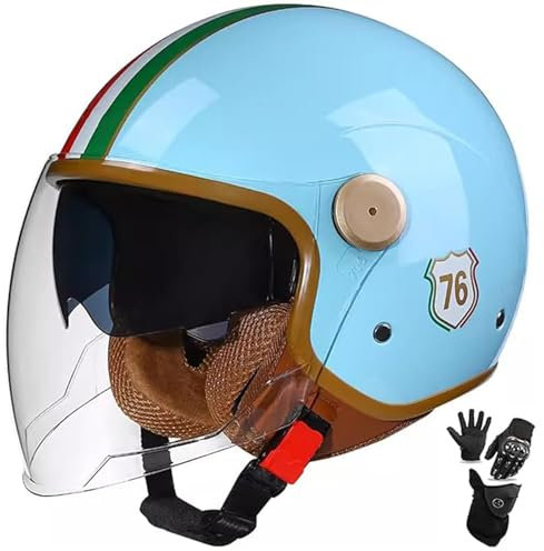 QJWMatic 3/4 Retro Motorrad Halbhelme ECE-Zugelassen Jethelme Roller-Helm Mit Visier Offener Scooter-Helm Für Damen Und Herren Erwachsene C,56-62CM