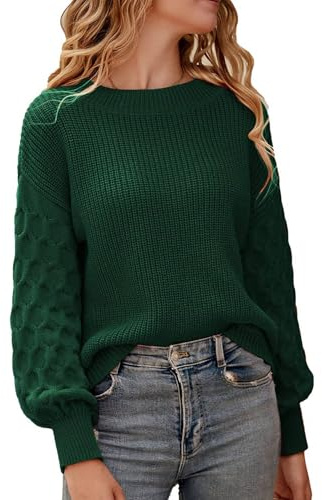 ZEAGOO Pullover Damen Strick 2024 Schicke Winterpullover Laternenärmel Bequem Herbst Pullover Grobstrick Lässig Oberteil Tops M