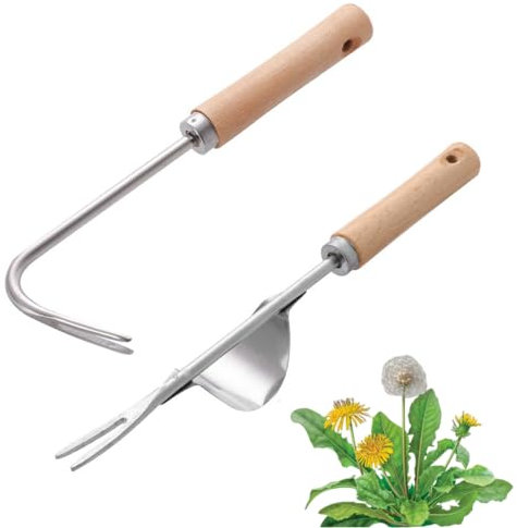 Sctmda Unkrautstecher Edelstahl Garten 2 Stück Manueller Weeder Manueller Unkrautstecher Edelstahl Unkrautjäter mit Holzgriff Edelstahl Hand Weeder Wurzeljäter Unkrautgabel zum Graben Umpflanzen