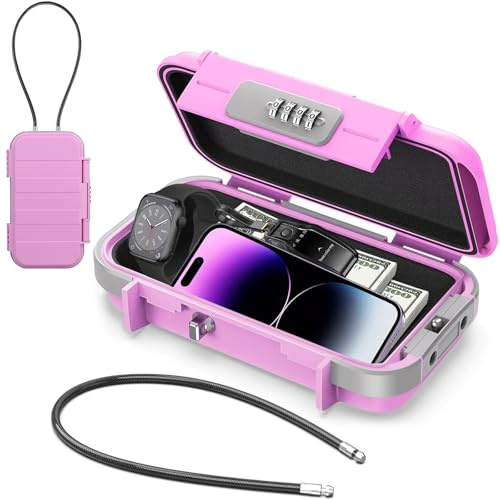 Diyife Kleiner Tresor mit 4 Stellig Zahlencode, Tragbare Safe, Rosa | Sicherheitsbox mit Abnehmbarem Drahtseil, Wasserdicht, Strandsafe, Sicherheitssafe für Ausweise Handys, Strand, Camping, Büro