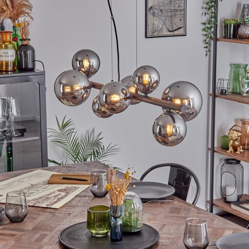 HOFSTEIN Pendelleuchte Chehalis, 8-flammige Hängelampe aus Metall/Glas in Schwarz/Chrom-/Rauchfarben, Hängeleuchte im Vintage-Design mit Glasschirmen, max. 144 cm, G9, Esszimmer, Wohnzimmer, Küche