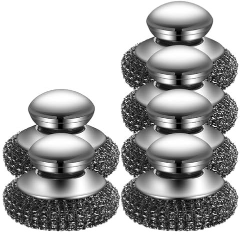 Stainless Steel Scourer, Steel Wool Scrubber with Handle, Non Scratch Heavy Duty Dish Brush Pot Scrubber, for Cleaning Kitchen Pots Pans Grills Sink (6Pcs)
