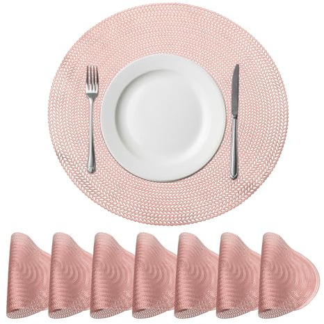 sourcing map Pink Round Placemats Set of 8 for Dinner Tables, Metallic Polyvinyl Pressed Placemats Washable Table Mats for Dinner Table Decor (15 x 15/38 x 38cm)