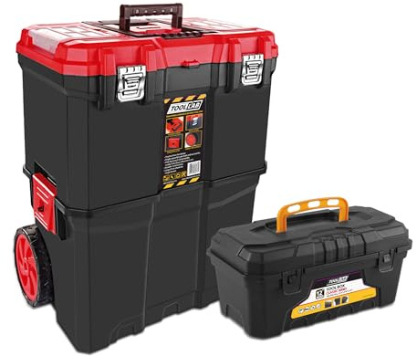 Tool Lab Mobile Rolling Tool Box Kit - 2-Tier Stacking with Pull-Along Handle, Metal Latches, Rugged Wheels, and 12 Tool Box For Workshop, Home and Work - Durable and Portable Storage Solution Red