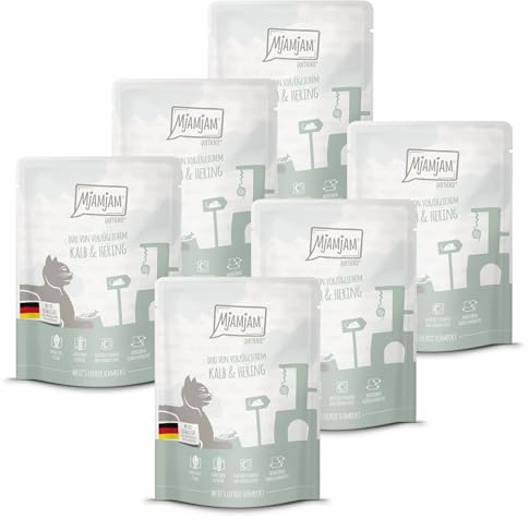 MjAMjAM - Cibo umido premium per gatti - Squeeze - DUO di ottima carne di vitello e aringa, confezione da 6 (6x300g), senza cereali