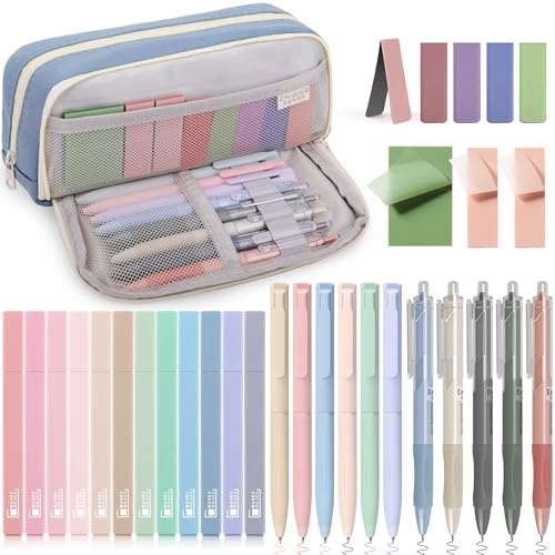 COZCLAM 32PCS Aesthetic Schreibwarenset mit Blau Mäppchen, Büro | Schreibwarenset mit 12 Pastell-Textmarkern, 6 Farbstiften, 5 schwarzen Stiften, 5 Magnet-Lesezeichen und 3 Haftnotizen