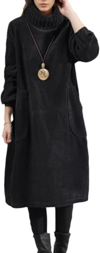 Goolecrimp Damen Winter Cordkleid mit Taschen Hoher Kragen Cord Plus samtverdicktes mittellanges Cordkleid Warmes Maxikleid in Übergröße (Schwarz,3XL)
