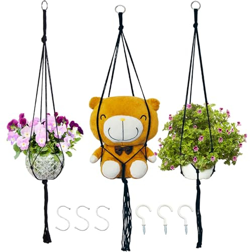 CHYGER Macrame Plant Hangers Planter Flower Pots Holder 3 Pack Basket Stand Tassels with 6 Hooks Kit Cotton Rope for Decorative Indoor Outdoor Patio Garden Boho Home Décor (POTS NOT Included) (BLACK)