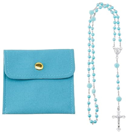 DICOSMETIC Rosa Blau Rot Violett Weiß Rosenkranz Halskette Perlen Rosenkranz Halsketten Legierung Jesus Kreuz Rosen Kranz Halskette Für Frauen Männer Mit 1 Stück PU Leder Schmuck Verpackungstaschen