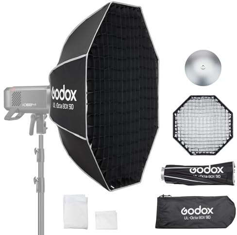 Godox Octagon Softbox mit Schnellwechsel-Bowens-Halterung, Wabenraster, Lichtstreuern und Tragetasche für COB-Leuchten mit Bowens-Halterung(Octa 90cm)