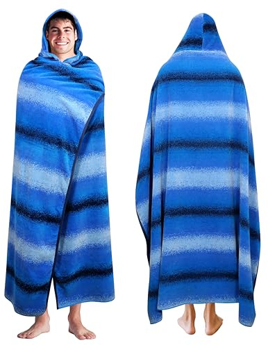 COTTON CRAFT Hooded Beach Towel – Oversized 58 x 68 Big & Huge Towel with Hood for Adults - 100% Cotton Jacquard Velour Pool Bath Wrap - Super Soft Absorbent Quick Dry – 450 GSM – Ombre Stripe Blue