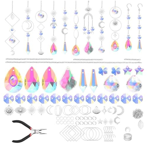 Enwye 200pcs Sun Catcher Set Hanging Crystal Suitable for DIY, Customised Decorations, Wind Chimes, Chandeliers, Etc. (Silver White)