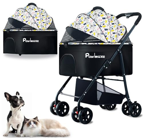 PawLuxe 4 Wheels Pet Stroller 4 in 1 Pet Stroller with Detachable Carrier for Small & Medium Dogs Cats up to 55 lbs Easy-Folding Travel Dog Wagon with Car Seat Breathable Mesh,White Cartoon