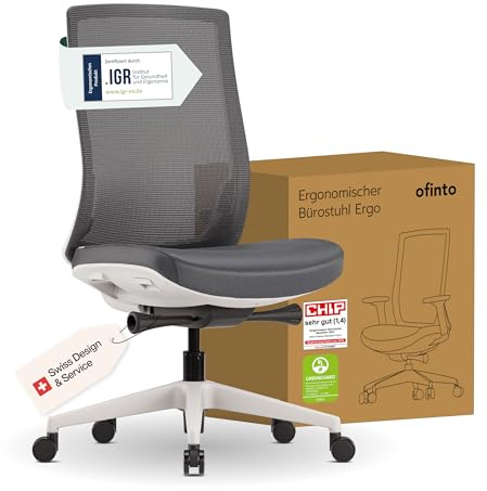 ofinto Ergo Bürostuhl Ergonomisch ohne Armlehnen Weiß | Schreibtischstuhl mit Synchronmechanik, Lordosenstütze & Sitzhöhenverstellung | Bequemer Office Chair, PC & Büro Stuhl | Flexibler Drehstuhl